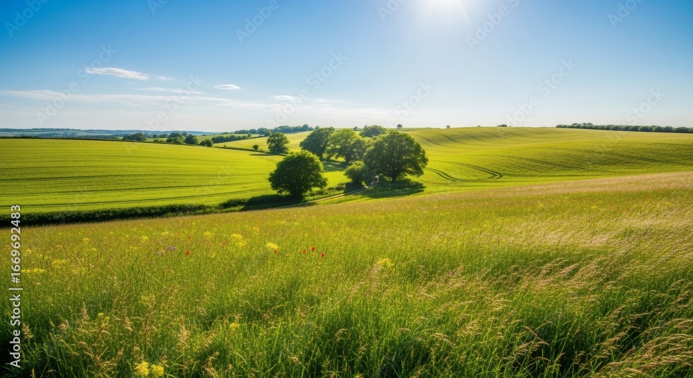 Fototapeta premium A beautiful summer landscape is shown with bright green fields under a clear blue sky. Nature concept