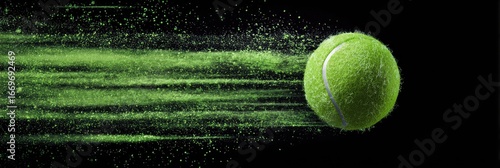 A vibrant green tennis ball streaks across a black backdrop, leaving a trail of dynamic motion blur.