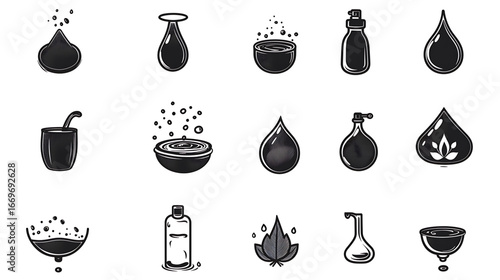 Halftone Black-White Liquid Icons: 15 (Droplets/Containers/Liquid Effects) with Texture