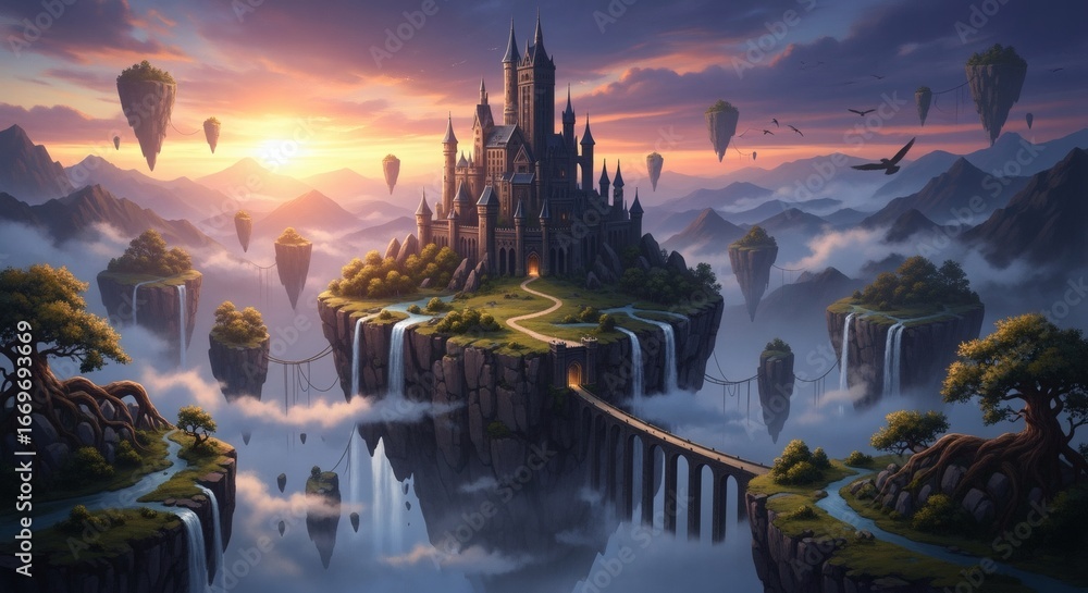 Naklejka premium A beautiful fantasy landscape image is shown for drawing with castles and floating cliffs. Fantasy concept