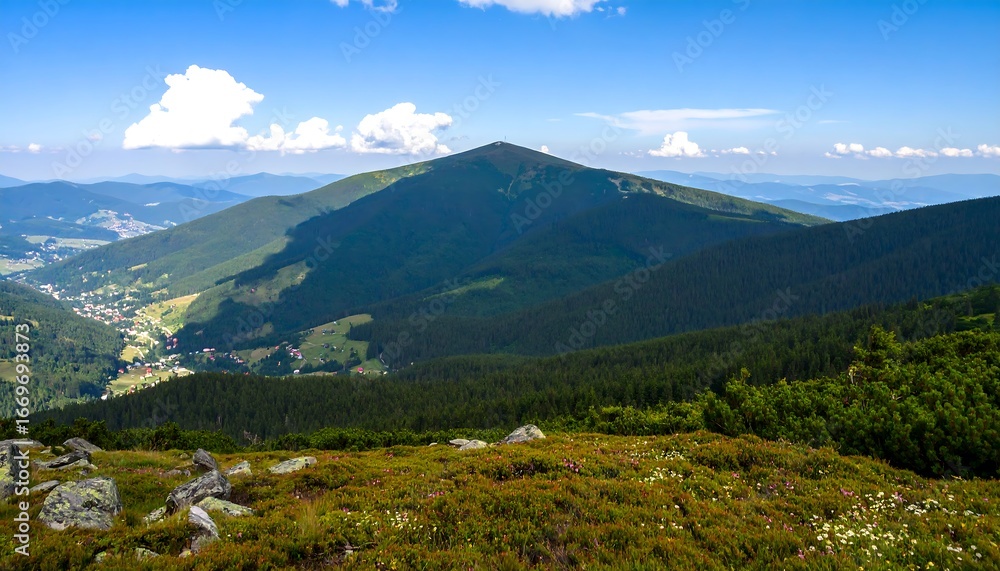 Fototapeta premium A sweeping vista of a mountain range, showcasing lush forests, a valley, and a prominent peak beneath a vibrant blue sky.
