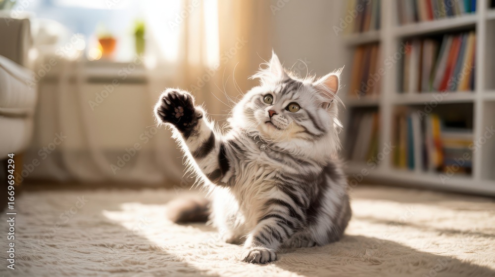 Naklejka premium Majestic fluffy grey and white cat lying on a rug, raising its paw in a playful gesture, with soft natural light and a bookshelf in the background