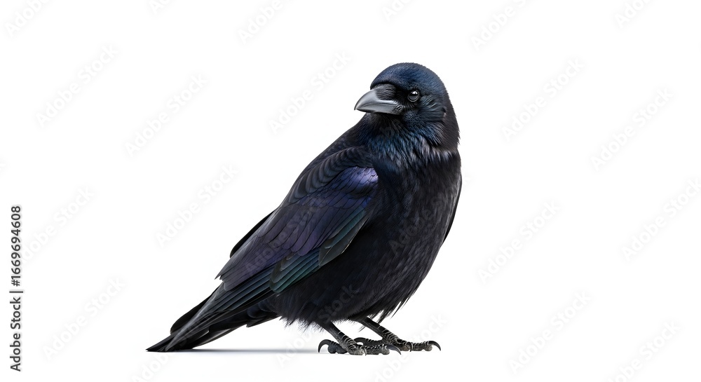 Fototapeta premium A solitary black bird with glossy feathers stands against a stark white background