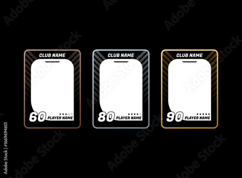 set of modern game or sports trading card player statistics template with black bronze, silver and gold tier