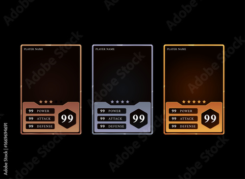 set of fantasy medieval trading card template player and club name details for game and sports with bronze, silver and gold tier rank