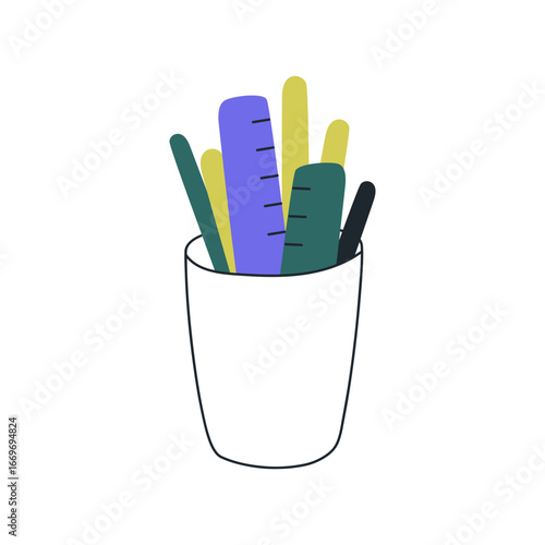 Pencil holder, cup. Desk container with stationery tools, rulers and pens. Sc...