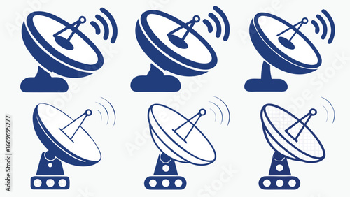 Illustration of six blue satellite dishes with signal waves on a white background design vector