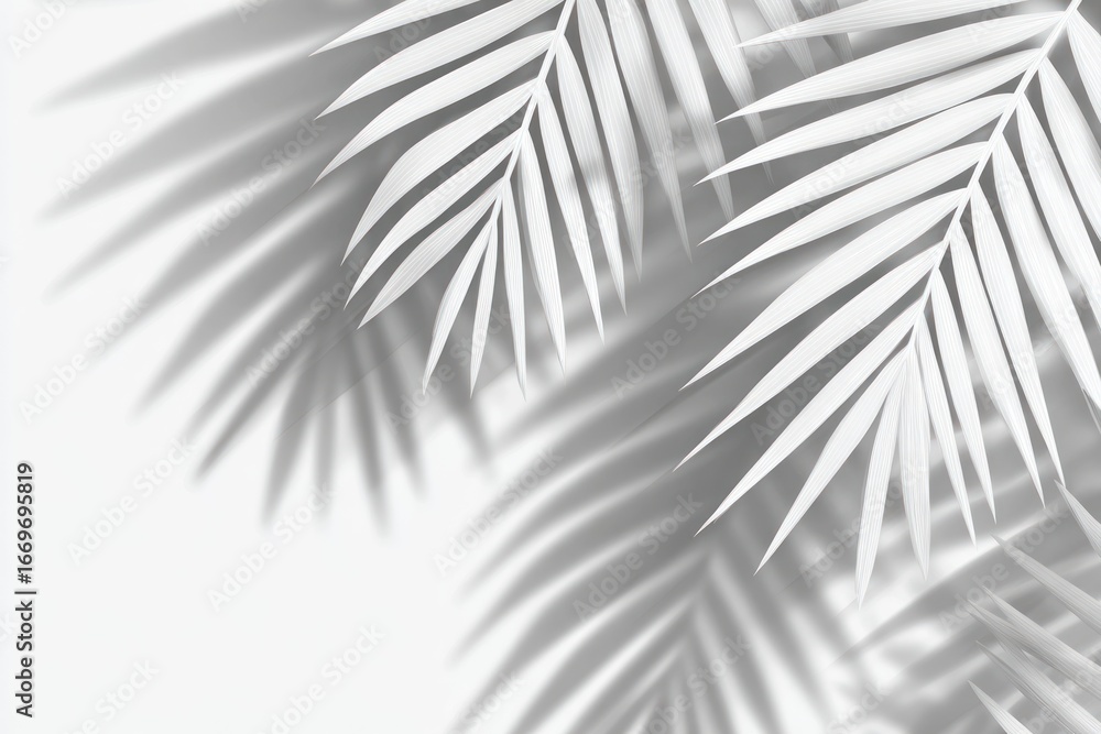 Fototapeta premium Pale, desaturated palm fronds diagonally arranged, casting distinct shadows. White background creates soft, subtle contrast