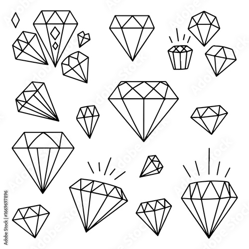 Collection of Diamond and Gemstone Outline Line Art Drawing.