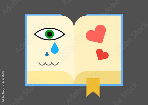 Emotional Storytelling – Conceptual Illustration of a Book with Tears and Hearts