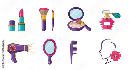 Illustration of various beauty and personal care products arranged neatly