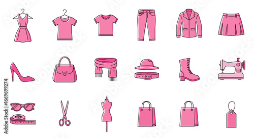 Collection of pink fashion items and sewing accessories illustration