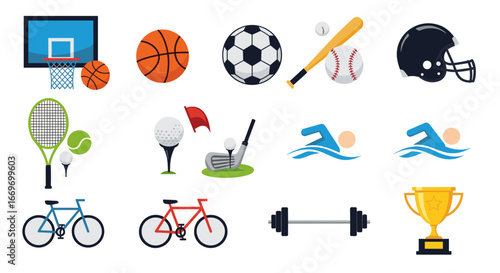 Collection of various sports equipment and symbols in a vector format