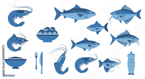 Illustration of various seafood items including fish shrimp and caviar