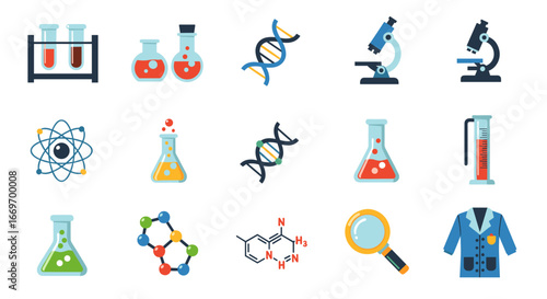 Illustration of various scientific laboratory equipment and molecules