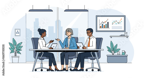 Three professionals collaborate at a meeting table in a modern office