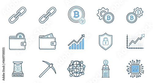 Illustration of bitcoin and cryptocurrency themed icons on white background