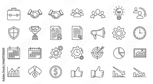 Depiction of various business icons including teamwork and achievement