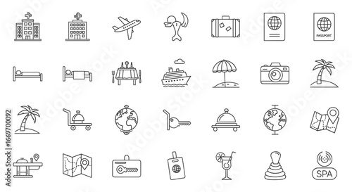 Collection of outline icons representing travel and vacation themes