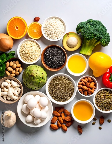 Wallpaper Mural Healthy food variety flatlay, grey background Torontodigital.ca