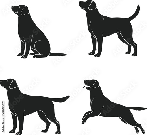 Black Labrador Retriever dog silhouettes in various poses, sitting, standing, running, playful pet, canine breed, animal vector, friendly domestic dog.