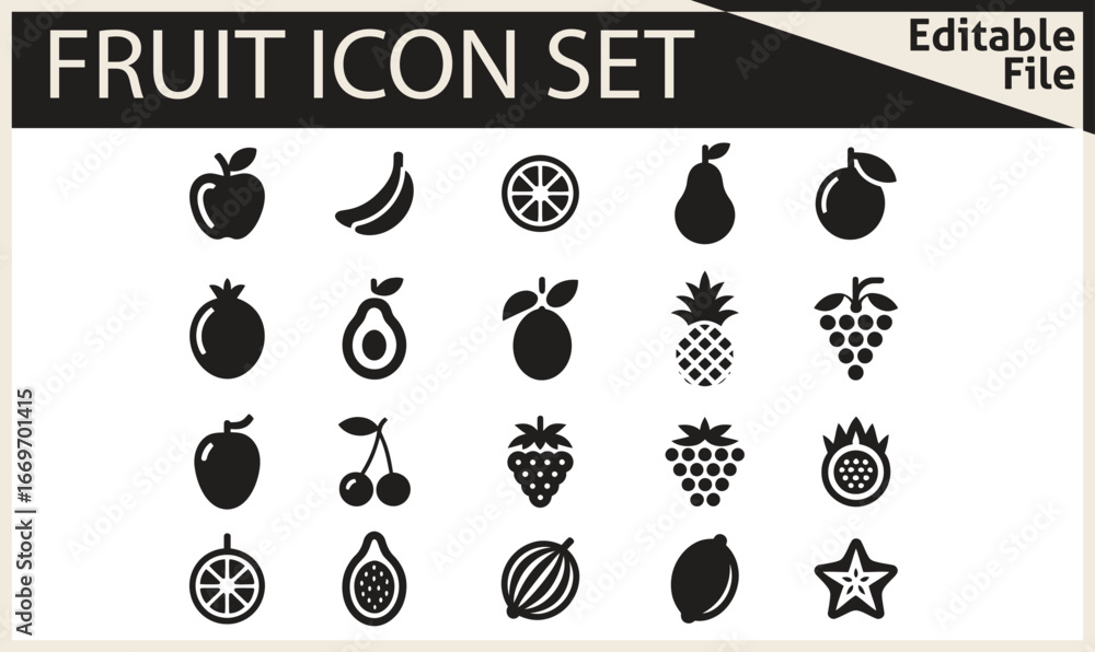 Naklejka premium Food fruits glyph icon set. Vector pictograms of banana, strawberry, pineapple, watermelon, grapes, mango, blueberries, peach, cherry, lemon, avocado, pear, kiwi, black sign silhouette illustration