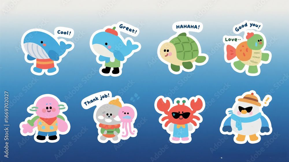Fototapeta premium Cheerful Aquatic Animal Stickers for Joyful Expression