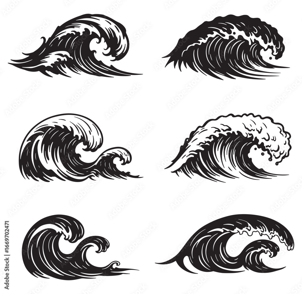 Naklejka premium Collection of vector illustrations depicting black and white japanese wave art design