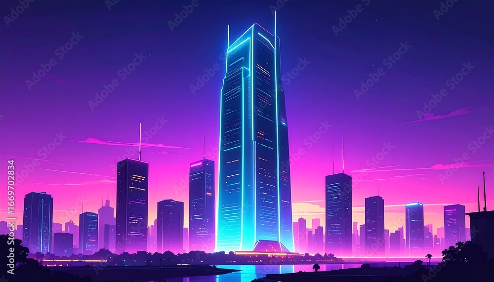Fototapeta premium A vibrant cityscape at dusk, illuminated by glowing neon lights, showcasing futuristic architecture and a captivating color palette.