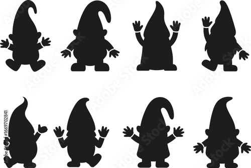 Black gnome silhouettes with various hats and playful poses, whimsical garden characters, fantasy figures, fairy tale decoration, charming magical shapes.
