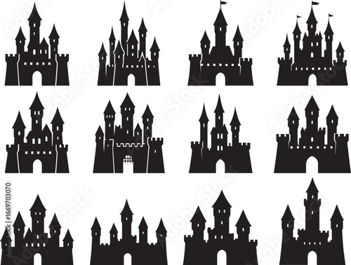 Medieval Castle Silhouette Set, Solid Black on White Background