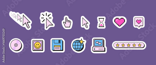 Retro 90s computer sticker pack with pixel cursor, floppy disk, CD, hourglass, heart, chat bubble, monitor. Concept of nostalgia, vintage technology, and digital interface. Flat vector illustration.