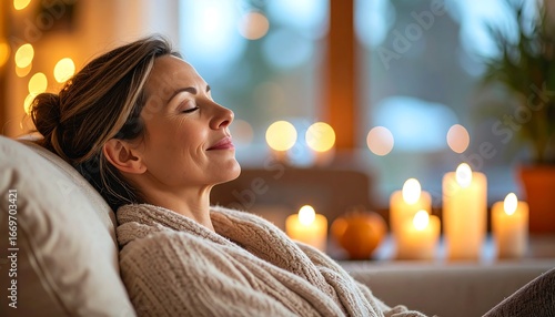 Serene woman resting on a couch amidst candlelight