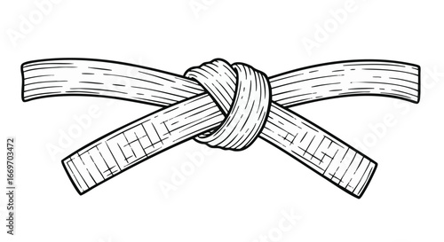 Vintage engraving style vector illustration of a tied martial arts rank belt, a symbol of combat sport discipline