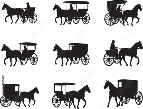 Isolated Solid Black Horse Drawn Buggy Silhouettes on White