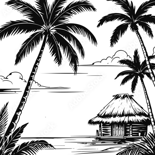 Bold black line tropical island vector set, hand-drawn palm tree, hammock, tiki torch, exotic hut doodle, Polynesian travel outline, thick smooth heavy contour illustration, minimal strong outline sty