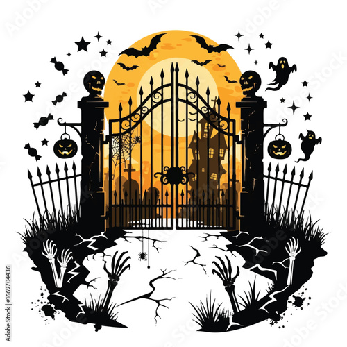 Halloween gate graphic design with spooky elements.