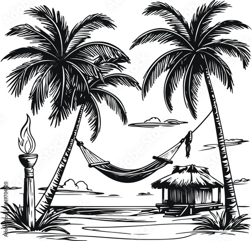 Bold black line tropical island vector set, hand-drawn palm tree, hammock, tiki torch, exotic hut doodle, Polynesian travel outline, thick smooth heavy contour illustration, minimal strong outline sty