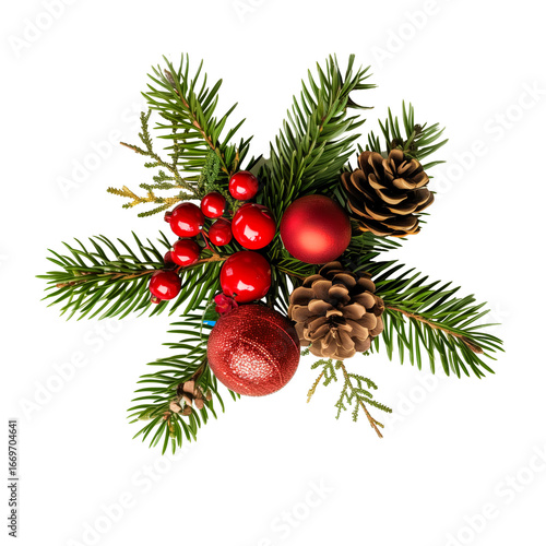 Red Christmas balls with spruce branch. Isolated transparent png background.	