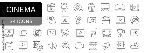 Cinema simple line icons. Movie, camera, film, reel editable stroke icon set. vector
