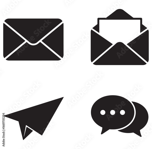 Simple black and white communication icons for email messaging and digital correspondence