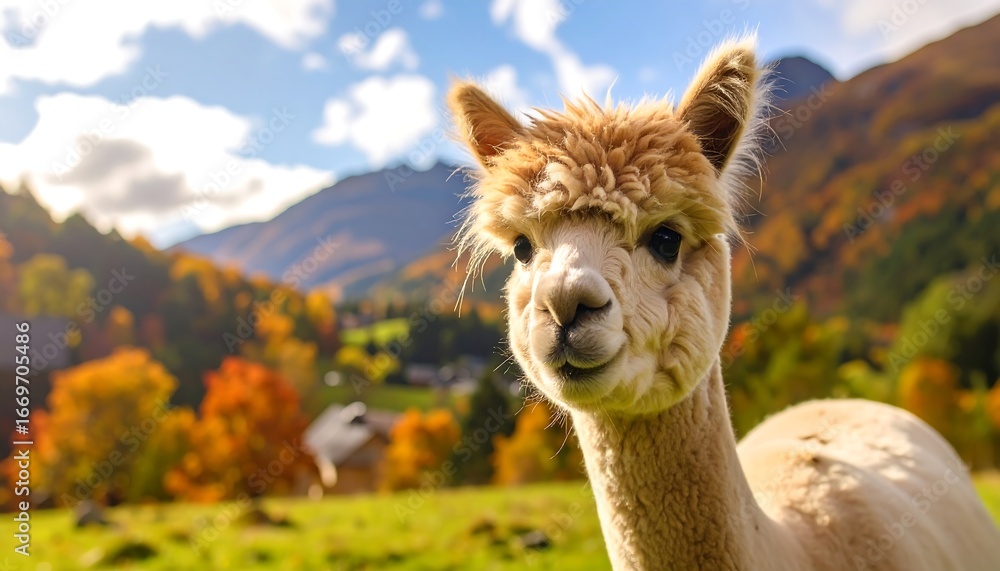Obraz premium Friendly Alpaca in Autumnal Mountain Landscape.