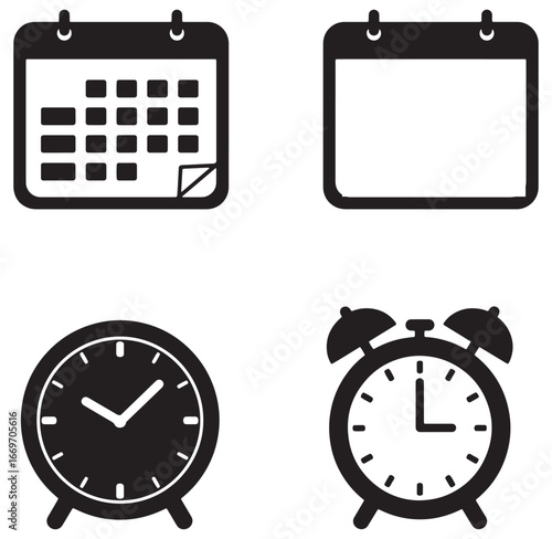 Simple black and white vector icons depicting calendar and clock timekeeping elements