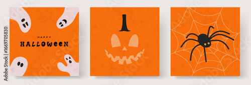 Happy Halloween posters template. Halloween banner, poster with pumpkins. Happy halloween banner or party invitation background with yellow and orange pumpkins, ghost, bat.