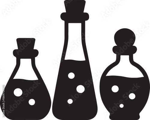 Set of three potion bottle silhouettes, perfect for Halloween, magic, and mystical designs.