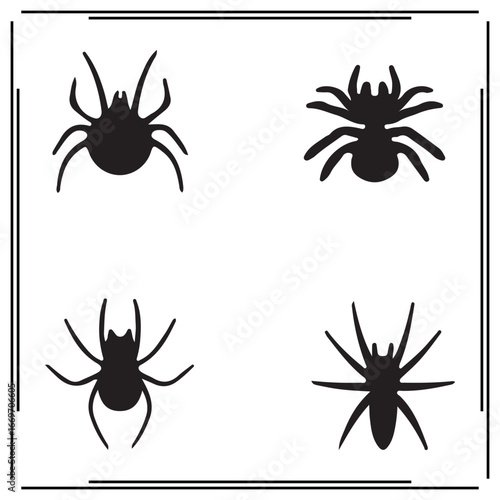 Silhouette of Spiders in Various Poses - Black and White Arachnid Icons - Vector Illustration for Wildlife, Insect, and Nature Conservation Projects