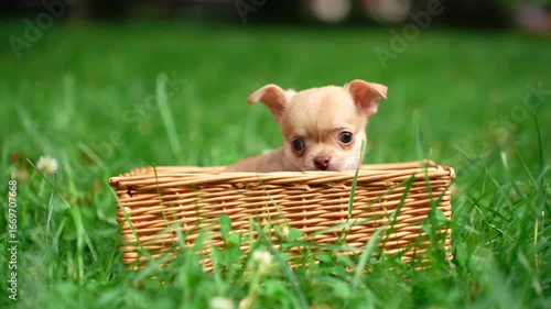 chihuahua puppy sitting in a wicker basket on a lush green lawn. Domestic pets	