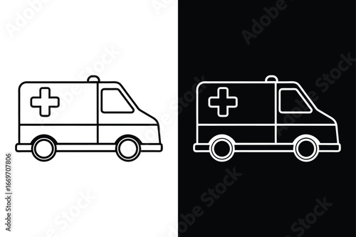 Simple Ambulance Line Drawing. Black White Emergency Vehicle Icon