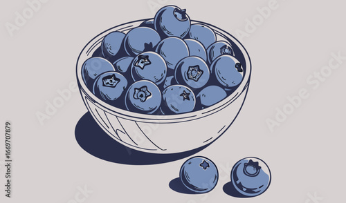 A bowl overflowing with fresh blueberries with two berries spilled on a light purple background
