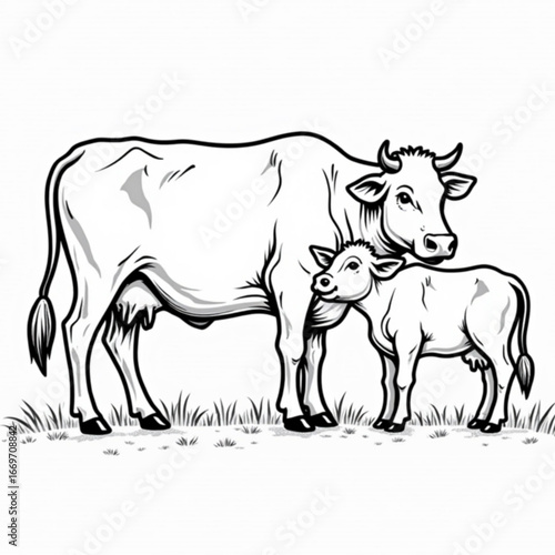 Dairy Delight: A heartwarming illustration of a serene cow and its calf, tenderly connected amidst a natural backdrop. 